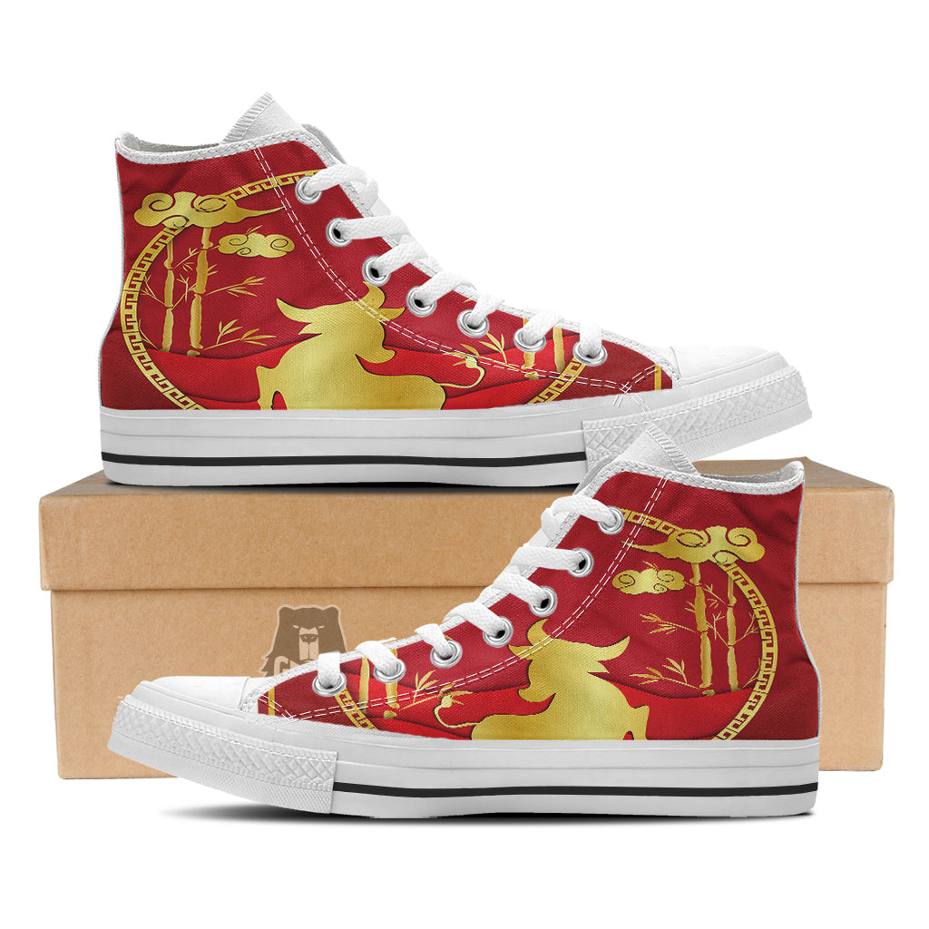 Zodiac Symbol Chinese Ox Print White High Top Shoes-grizzshop