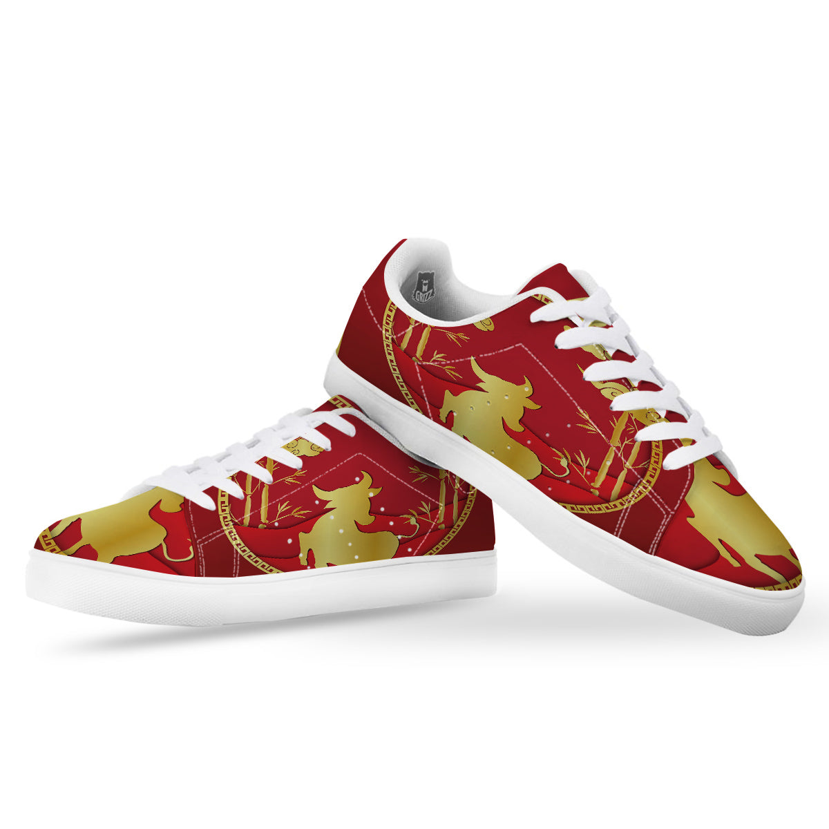 Zodiac Symbol Chinese Ox Print White Low Top Sneakers-grizzshop