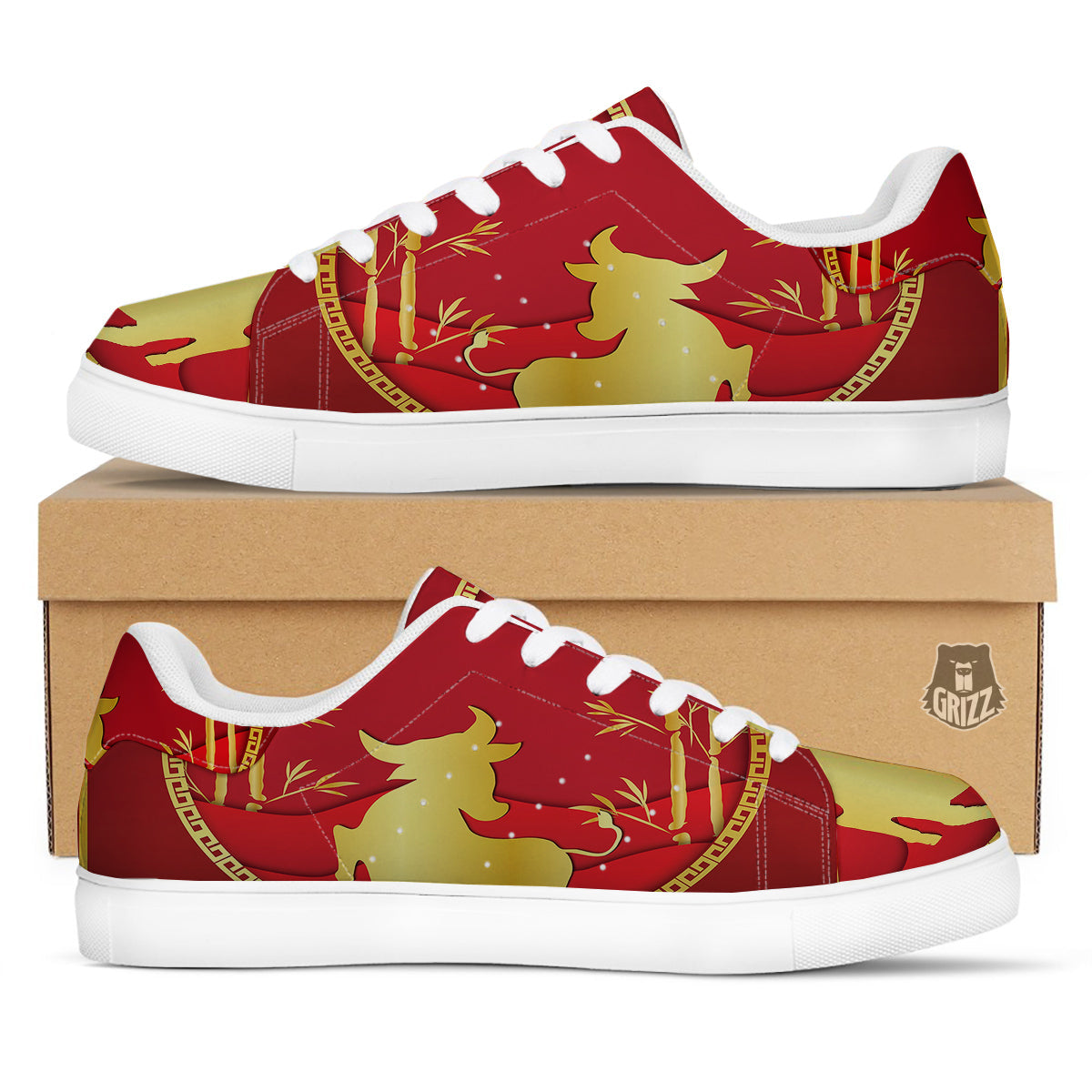 Zodiac Symbol Chinese Ox Print White Low Top Sneakers-grizzshop