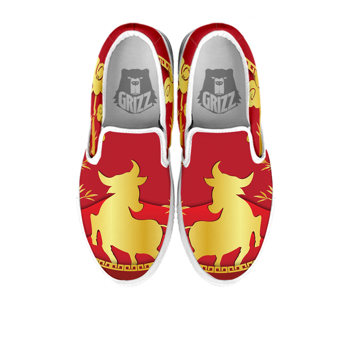 Zodiac Symbol Chinese Ox Print White Slip On Shoes-grizzshop