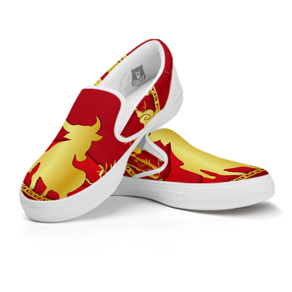Zodiac Symbol Chinese Ox Print White Slip On Shoes-grizzshop
