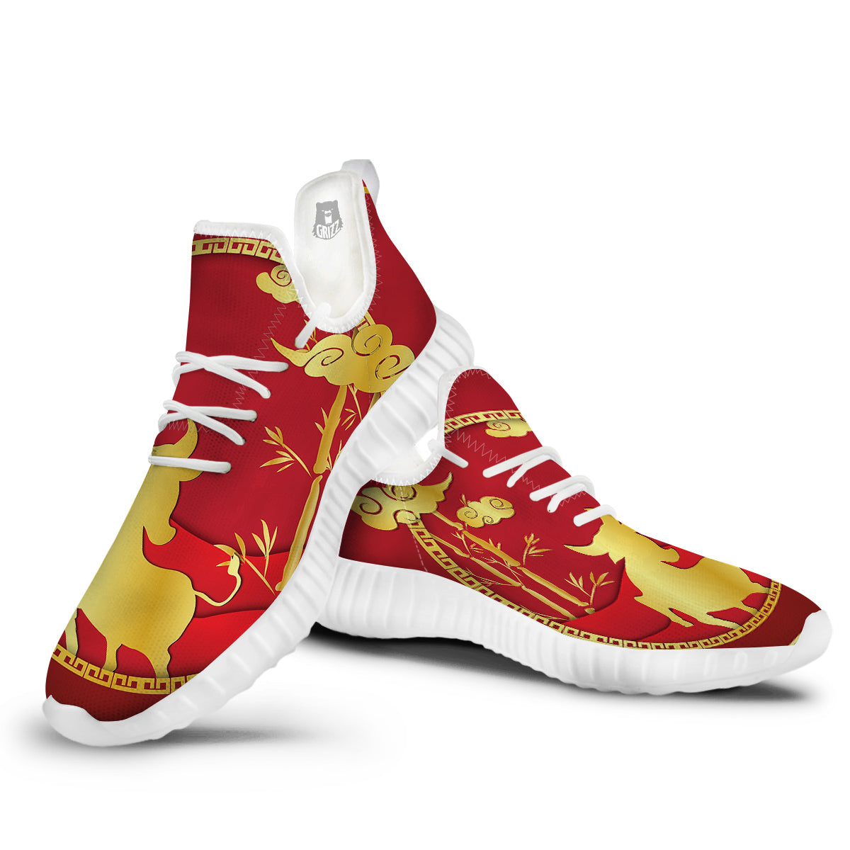 Zodiac Symbol Chinese Ox Print White Walking Shoes-grizzshop