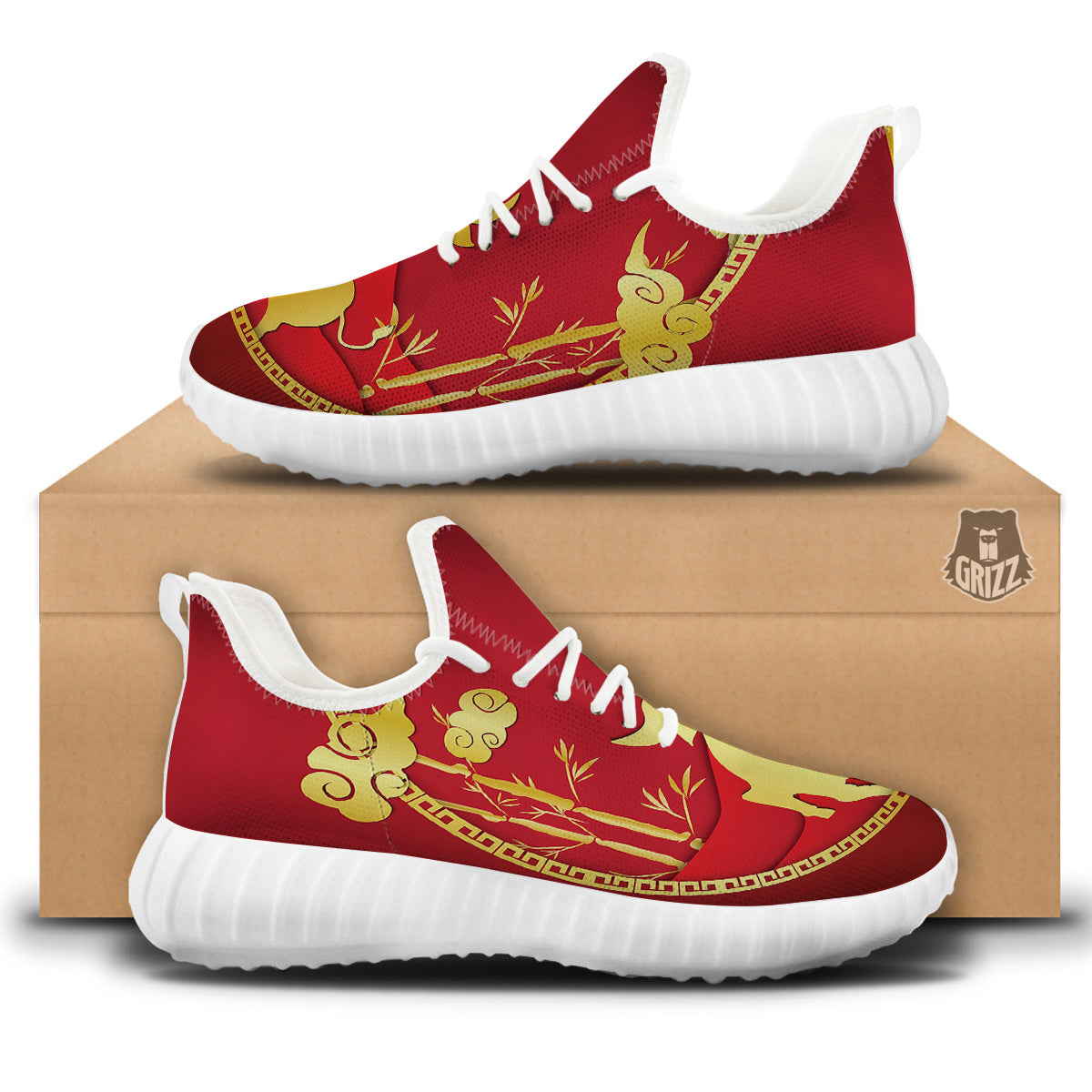 Zodiac Symbol Chinese Ox Print White Walking Shoes-grizzshop