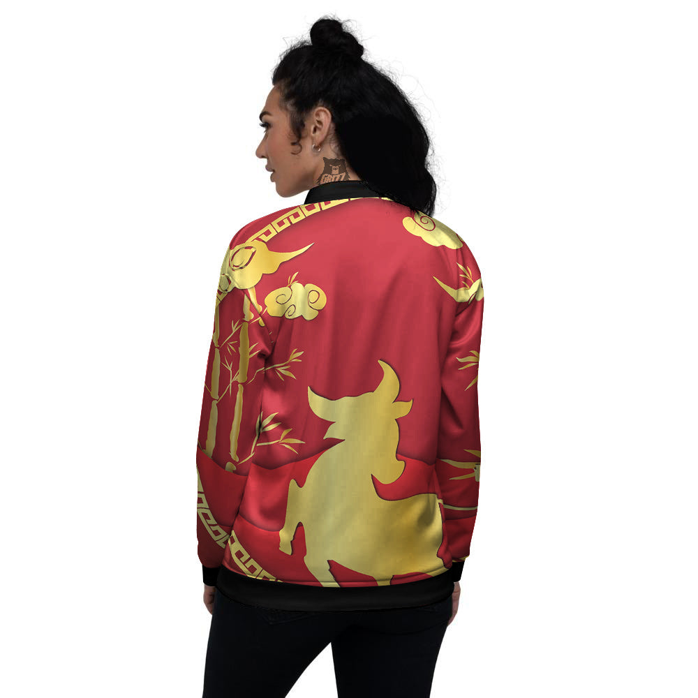 Zodiac Symbol Chinese Ox Print Women's Bomber Jacket-grizzshop