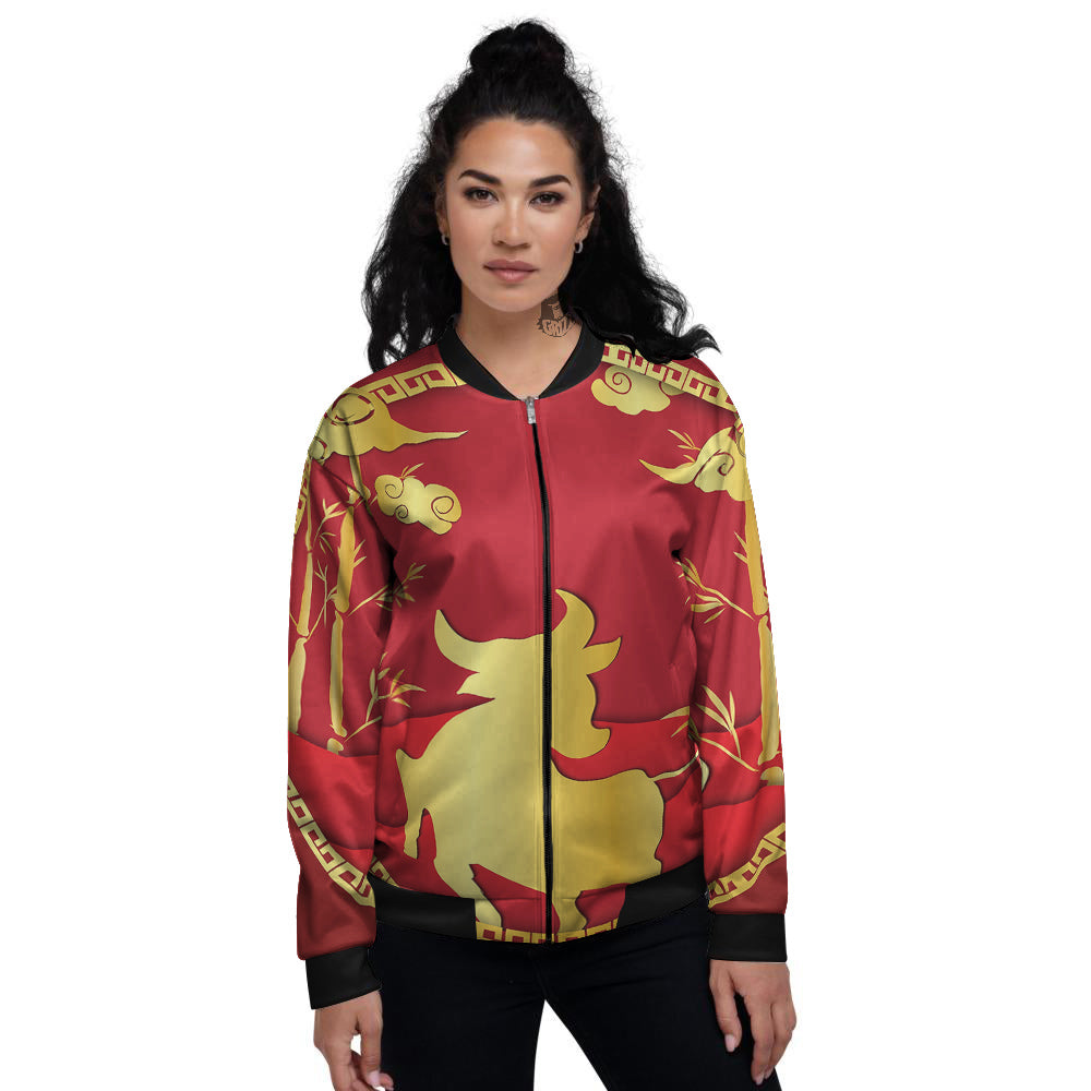 Zodiac Symbol Chinese Ox Print Women's Bomber Jacket-grizzshop