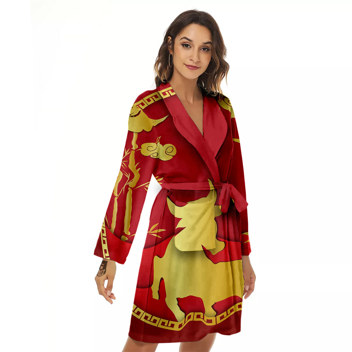 Zodiac Symbol Chinese Ox Print Women's Robe-grizzshop