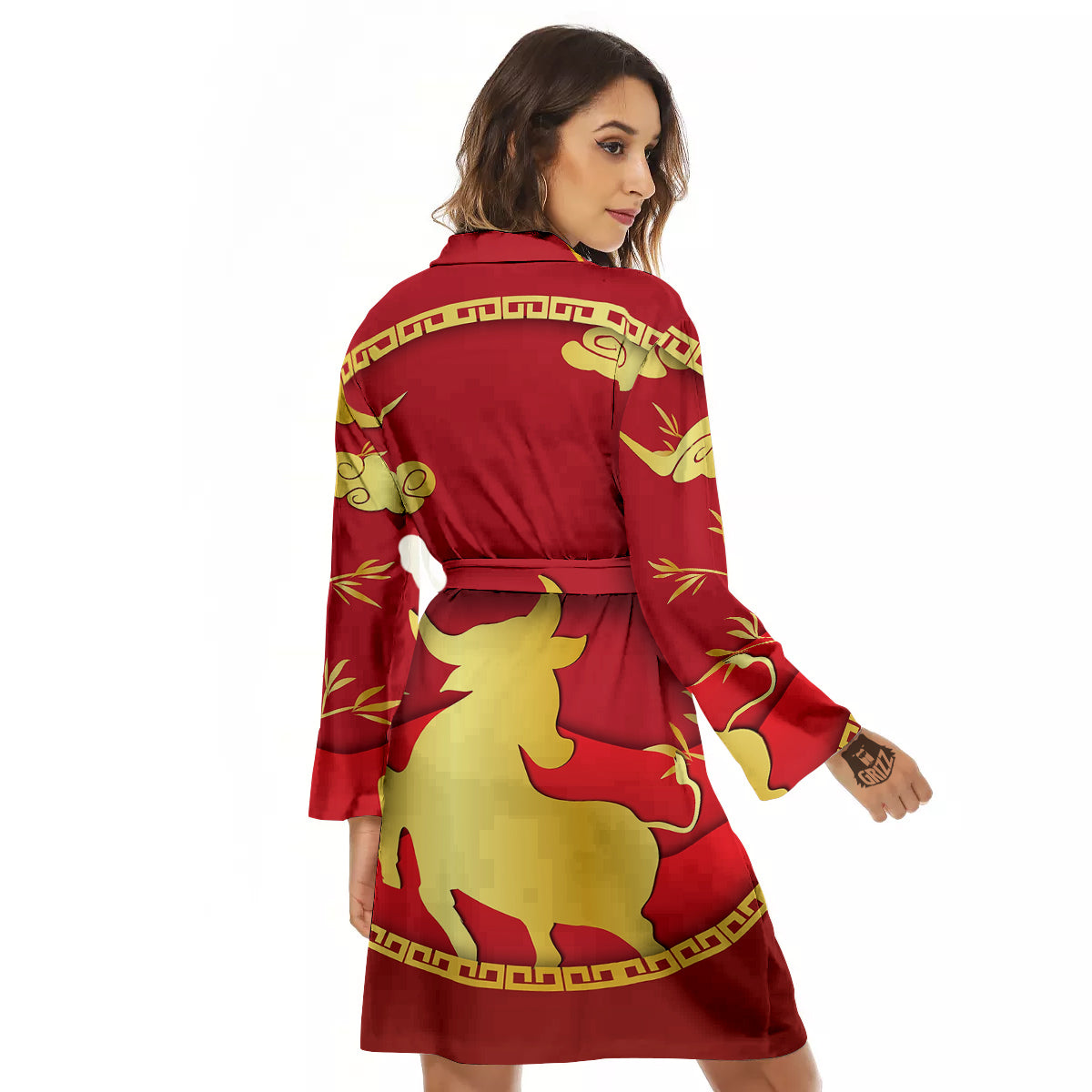 Zodiac Symbol Chinese Ox Print Women's Robe-grizzshop