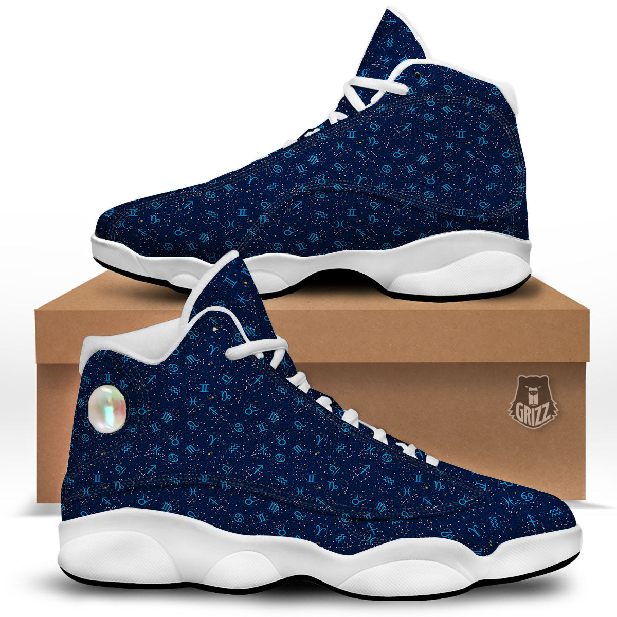 Zodiac Symbols Blue Print Pattern White Basketball Shoes-grizzshop
