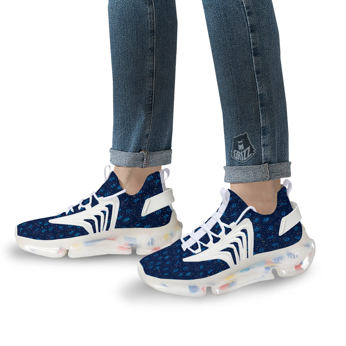 Zodiac Symbols Blue Print Pattern White Gym Shoes-grizzshop