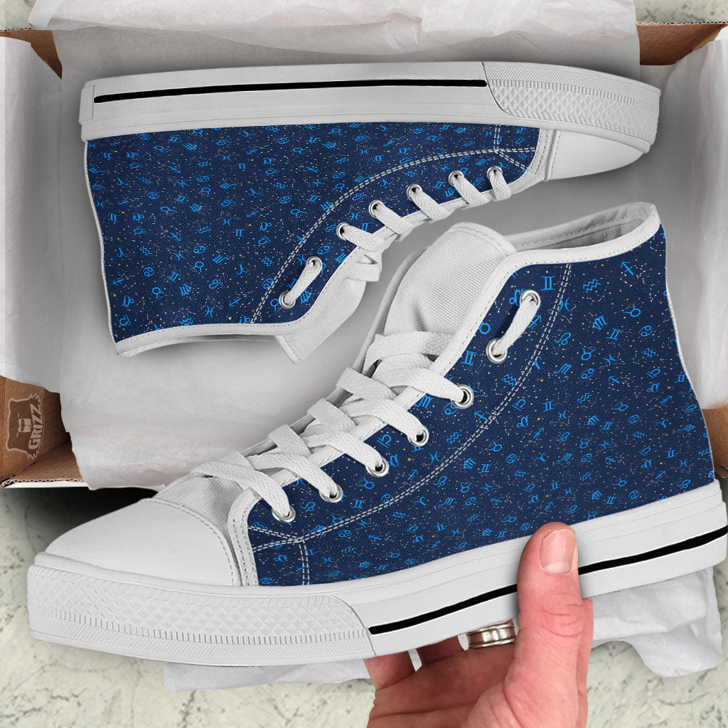 Zodiac Symbols Blue Print Pattern White High Top Shoes-grizzshop