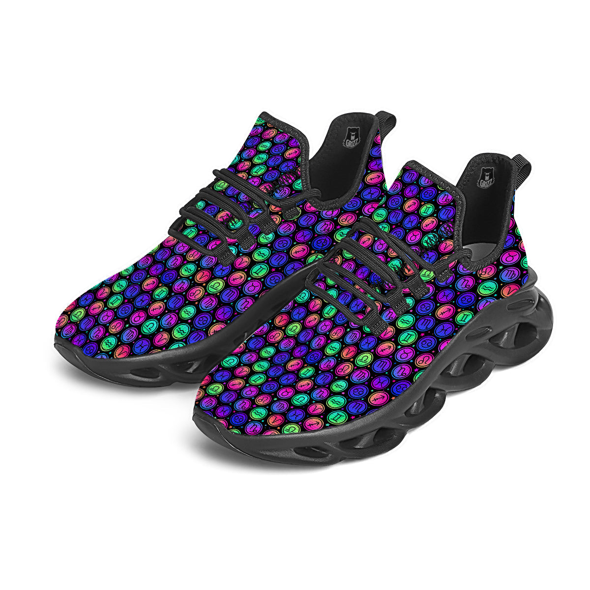 Zodiac Symbols Colorful Print Pattern Black Running Shoes-grizzshop