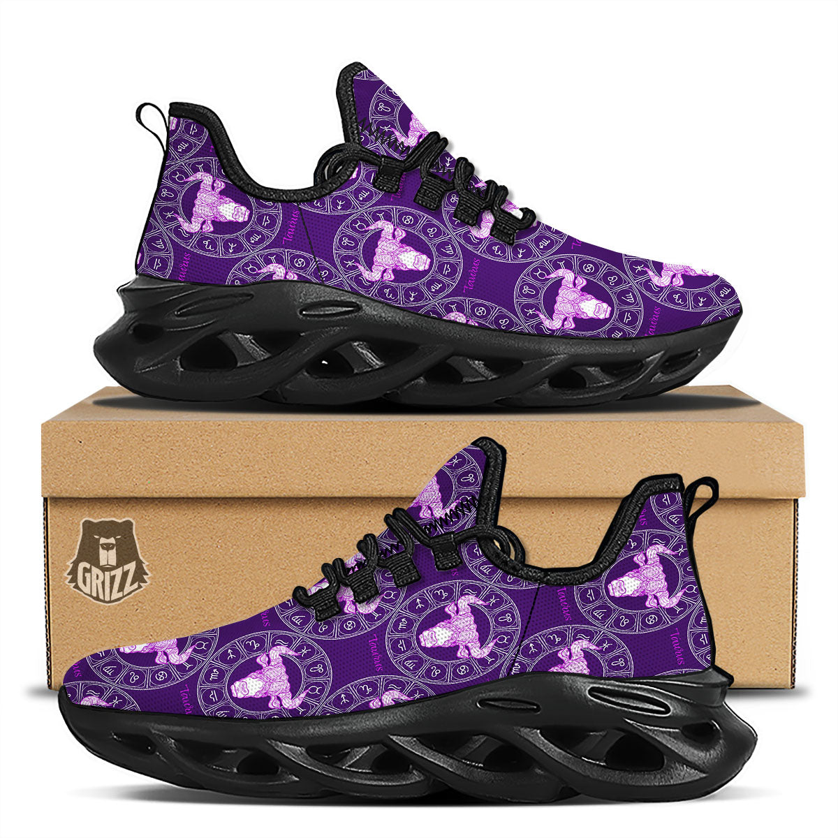 Zodiac Taurus Purple Print Pattern Black Running Shoes-grizzshop