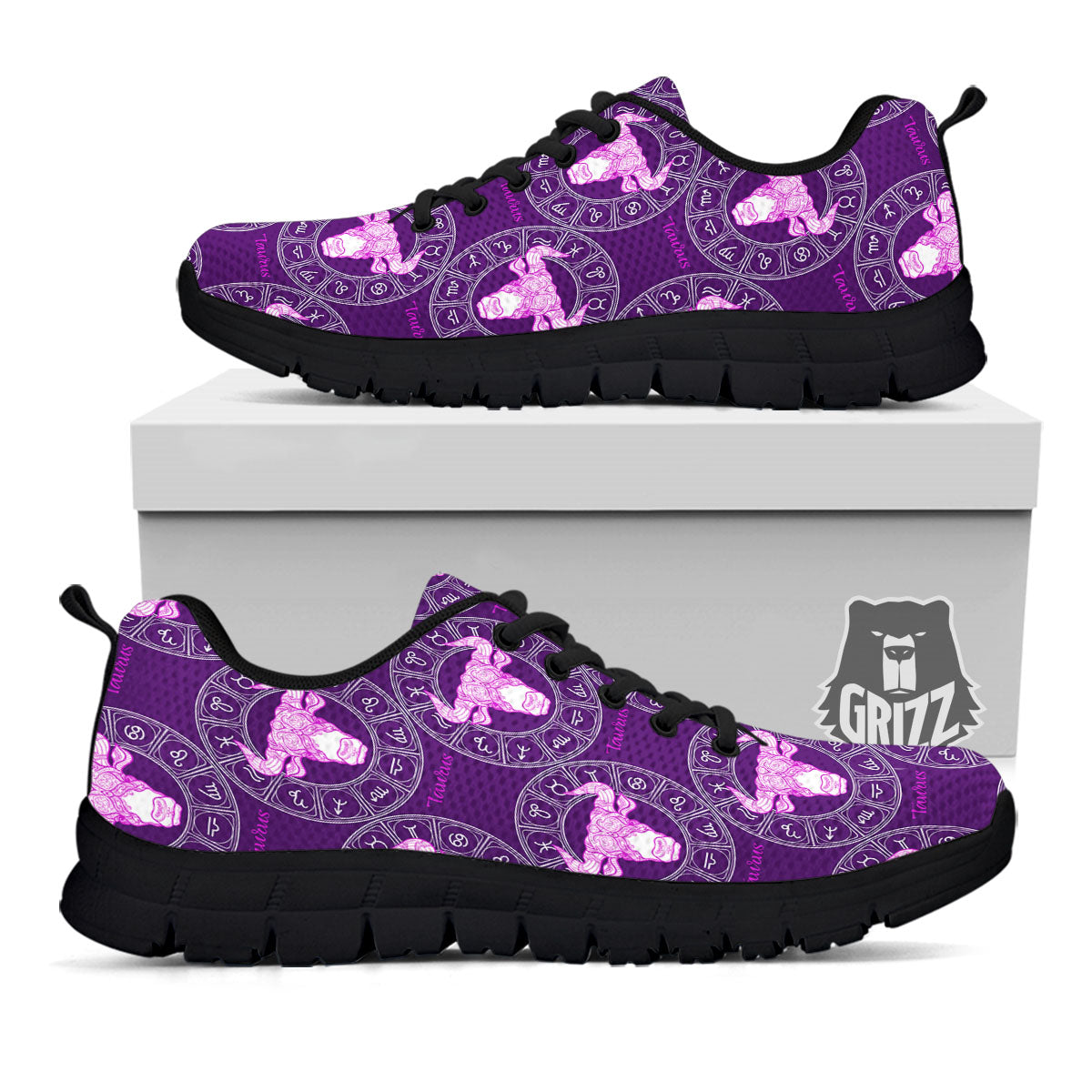 Zodiac Taurus Purple Print Pattern Black Sneaker-grizzshop