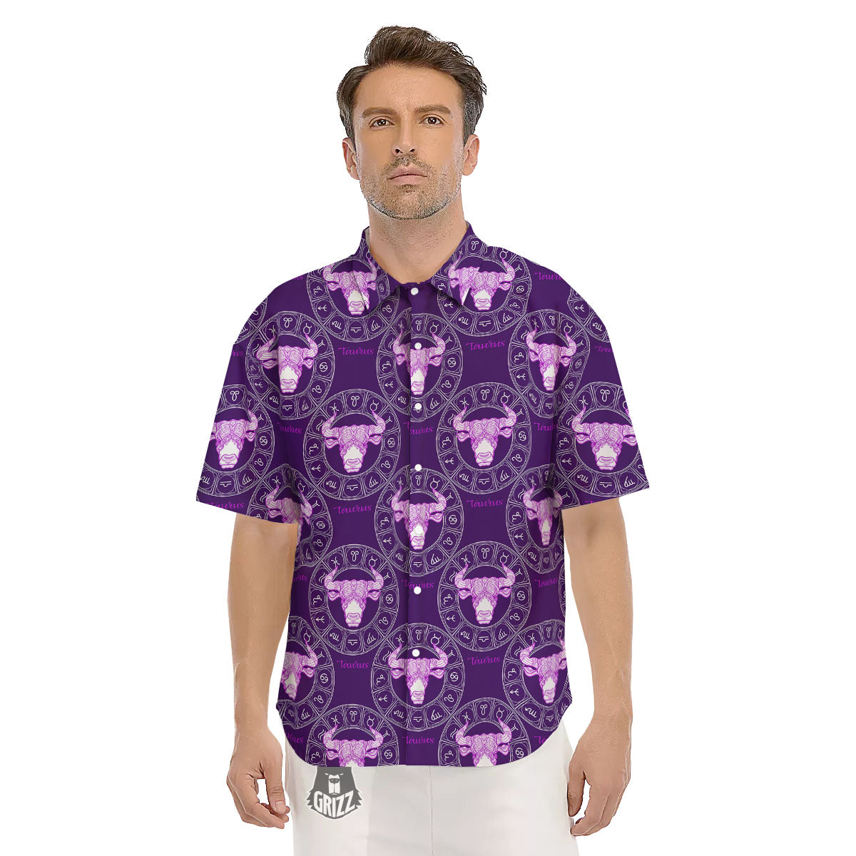 Zodiac Taurus Purple Print Pattern Men's Short Sleeve Shirts-grizzshop