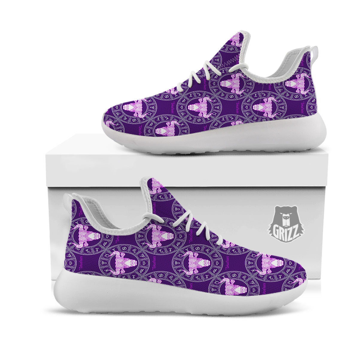 Zodiac Taurus Purple Print Pattern White Athletic Shoes-grizzshop