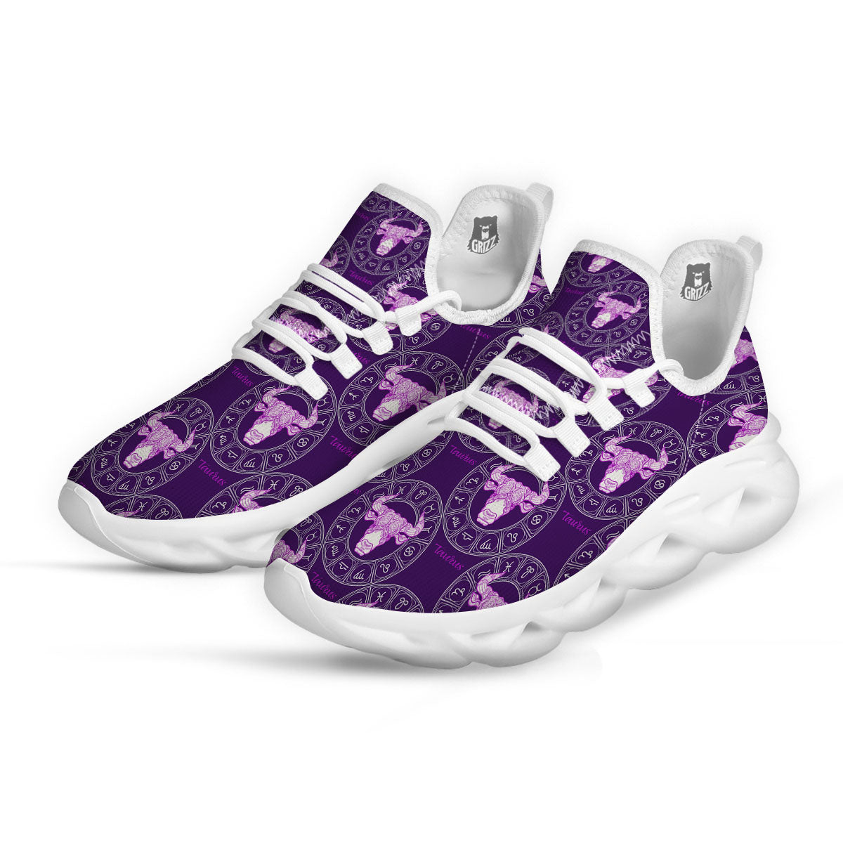 Zodiac Taurus Purple Print Pattern White Running Shoes-grizzshop