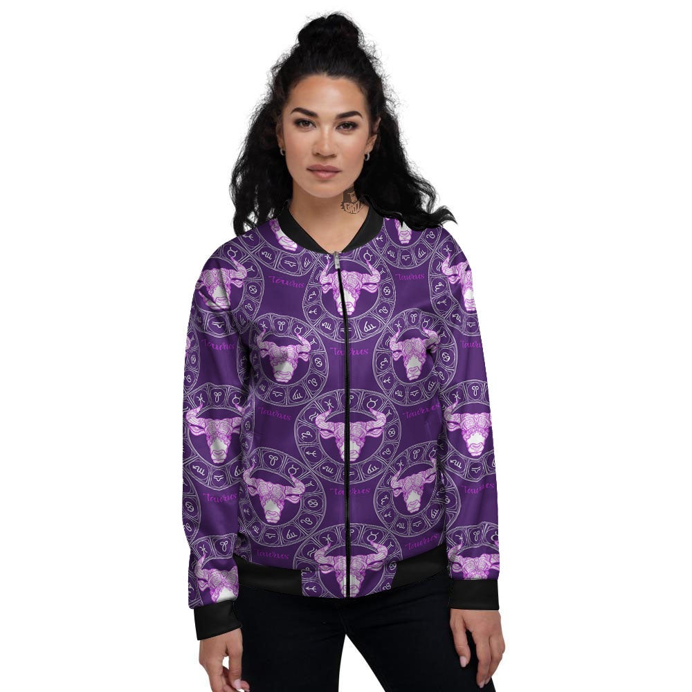 Zodiac Taurus Purple Print Pattern Women's Bomber Jacket-grizzshop