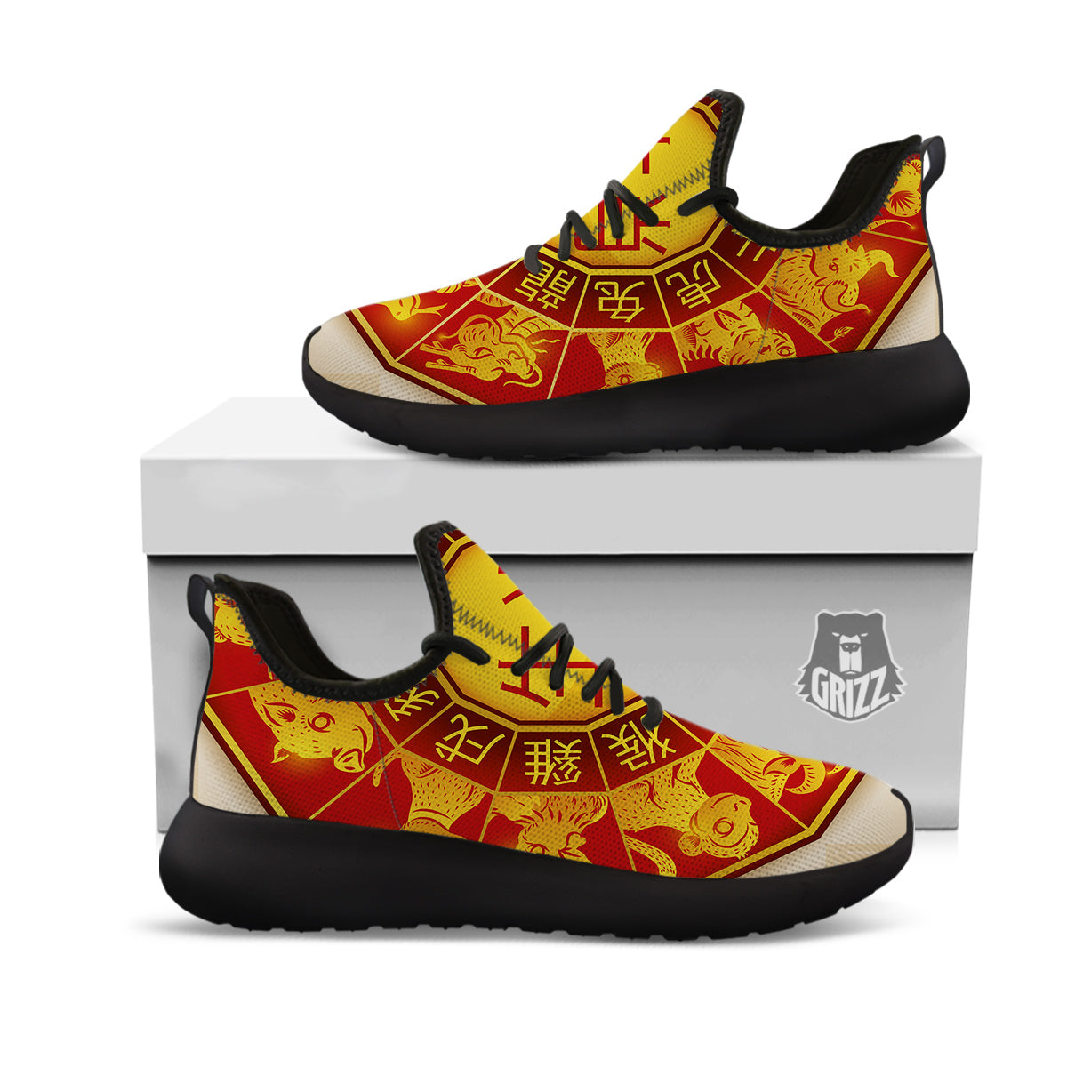 Zodiac Wheel Colourful Chinese Print Black Athletic Shoes-grizzshop