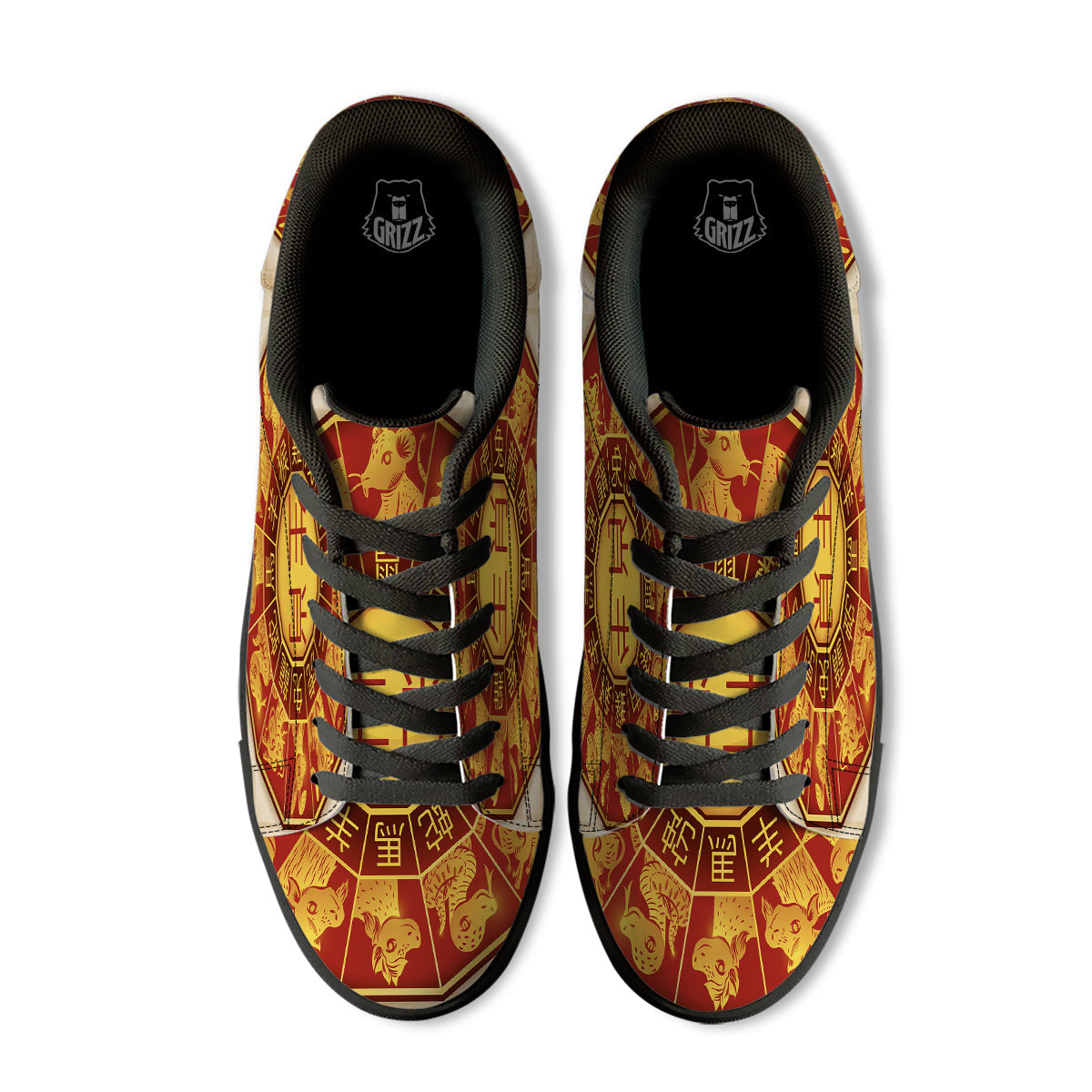 Zodiac Wheel Colourful Chinese Print Black Low Top Sneakers-grizzshop