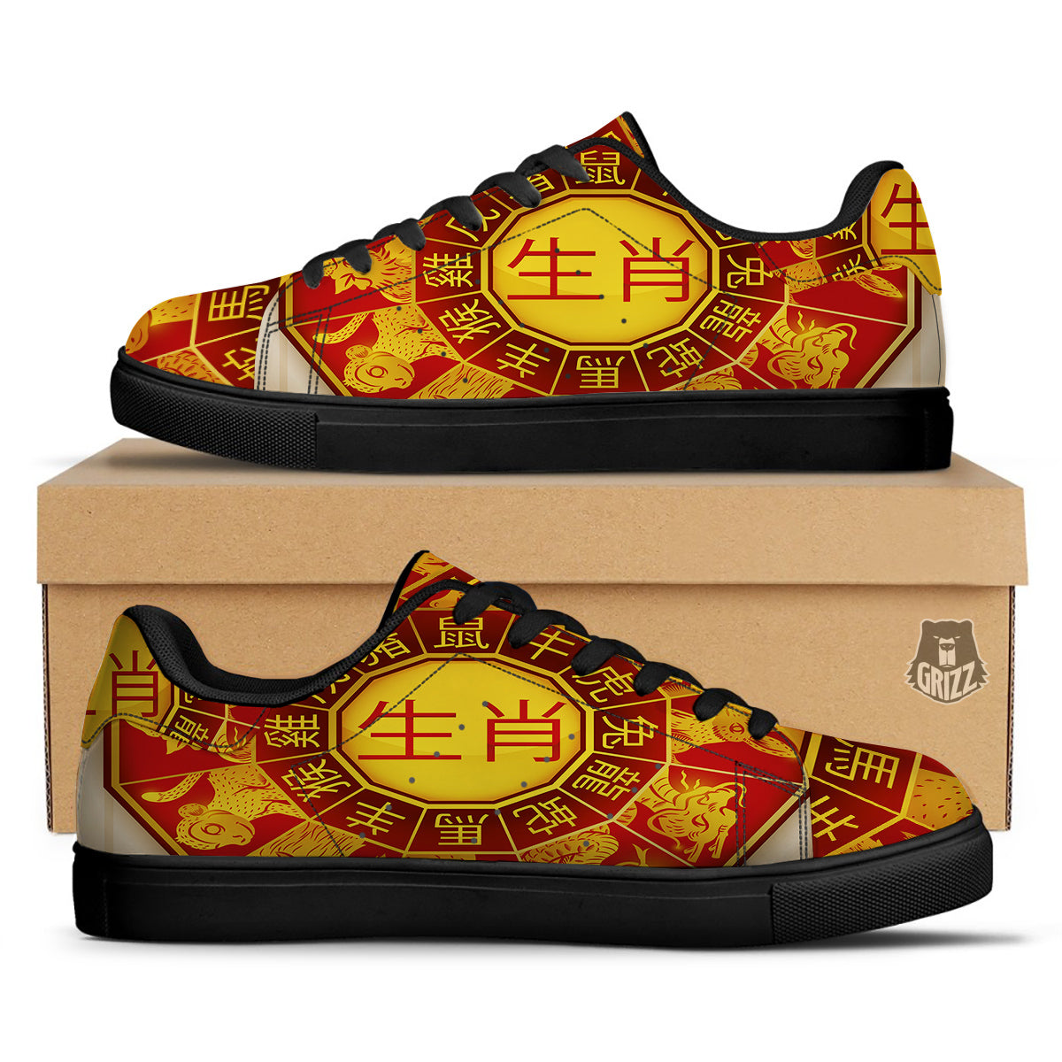 Zodiac Wheel Colourful Chinese Print Black Low Top Sneakers-grizzshop