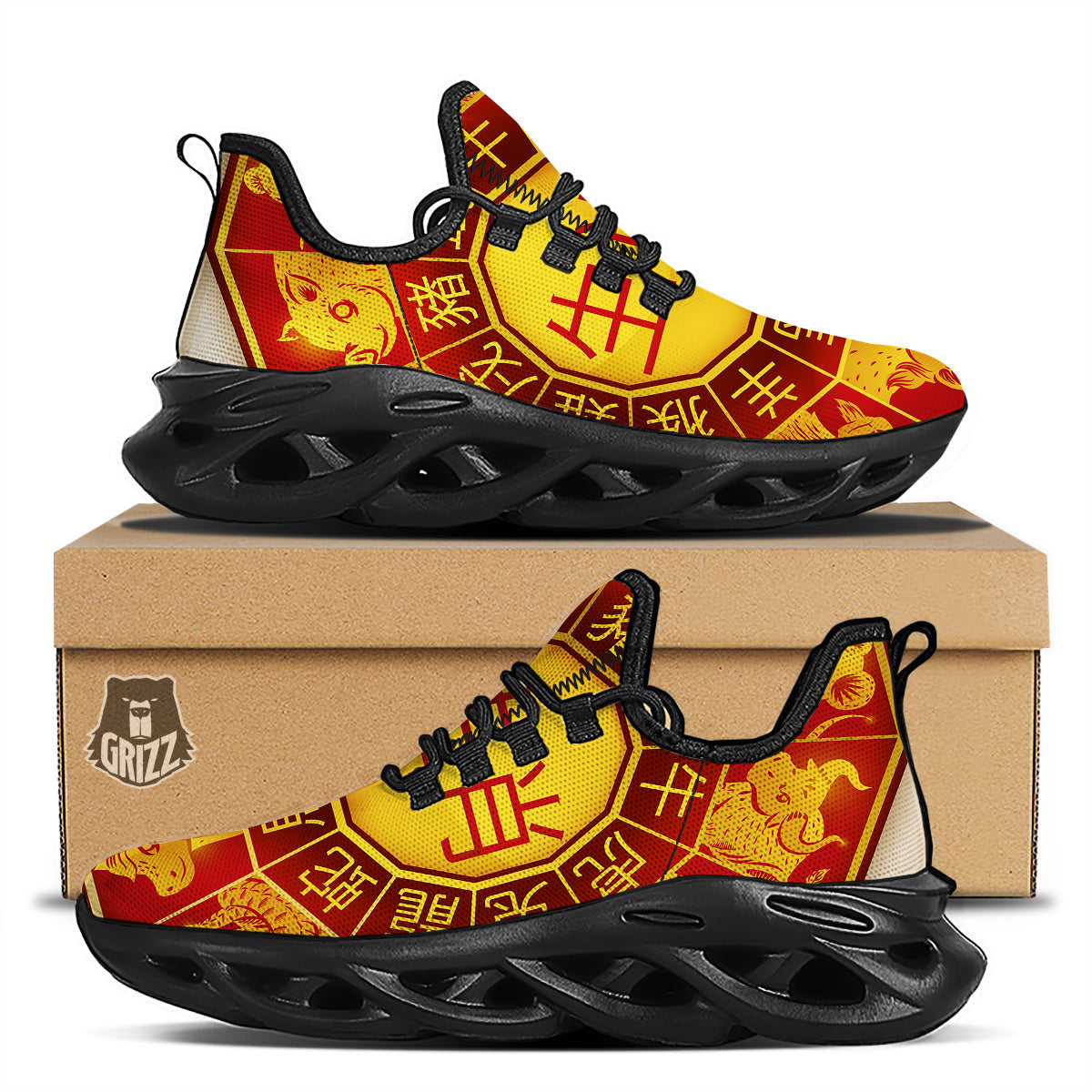 Zodiac Wheel Colourful Chinese Print Black Running Shoes-grizzshop