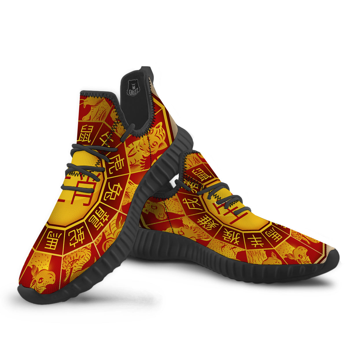 Zodiac Wheel Colourful Chinese Print Black Walking Shoes-grizzshop