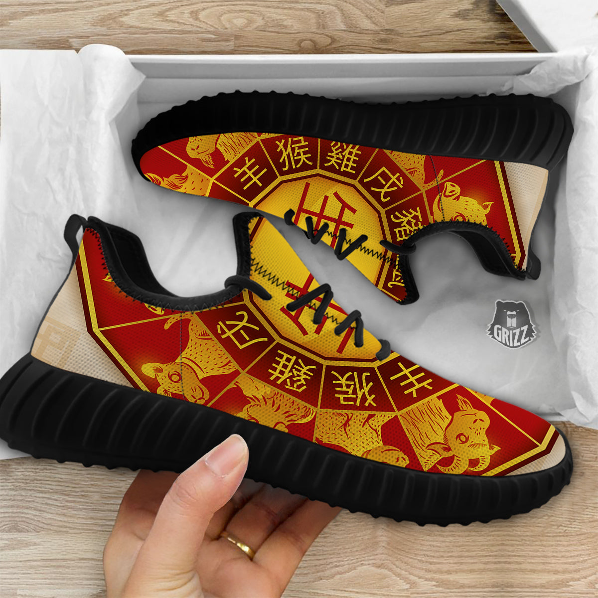 Zodiac Wheel Colourful Chinese Print Black Walking Shoes-grizzshop
