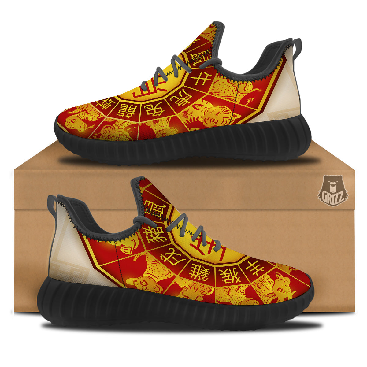 Zodiac Wheel Colourful Chinese Print Black Walking Shoes-grizzshop