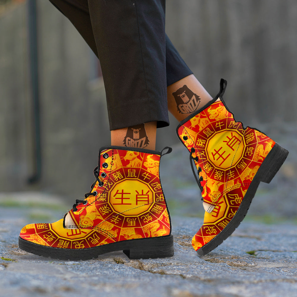 Zodiac Wheel Colourful Chinese Print Leather Boots-grizzshop