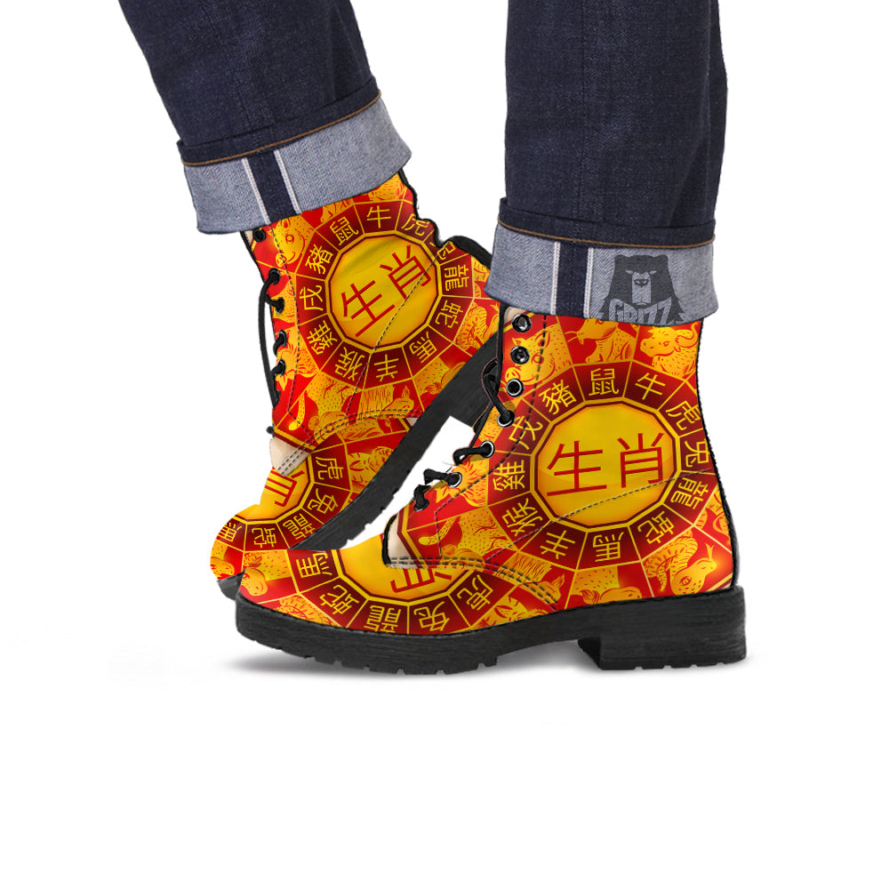 Zodiac Wheel Colourful Chinese Print Leather Boots-grizzshop