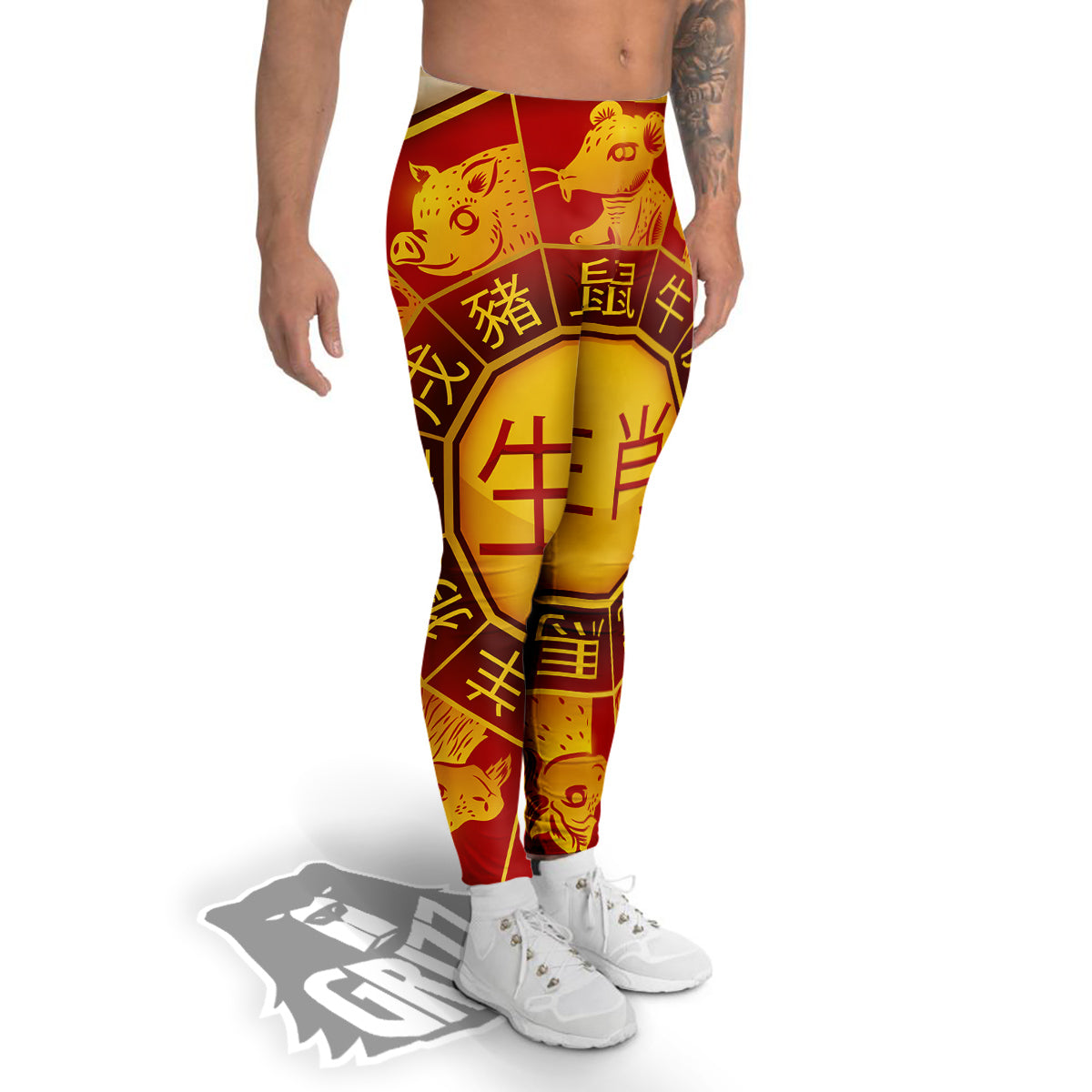 Zodiac Wheel Colourful Chinese Print Men's Leggings-grizzshop