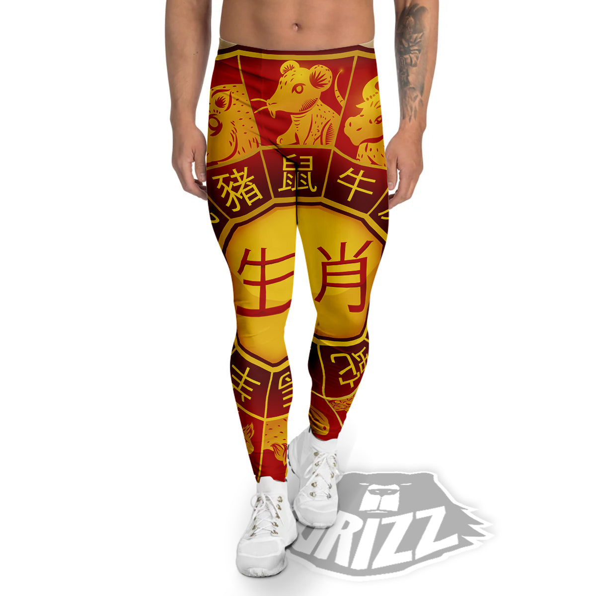 Zodiac Wheel Colourful Chinese Print Men's Leggings-grizzshop