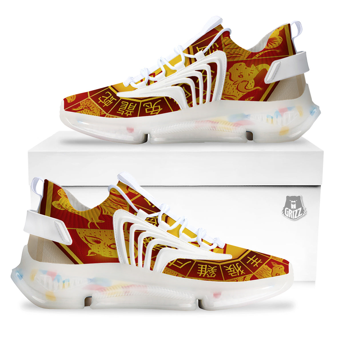 Zodiac Wheel Colourful Chinese Print White Gym Shoes-grizzshop