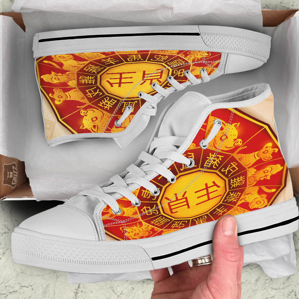 Zodiac Wheel Colourful Chinese Print White High Top Shoes-grizzshop