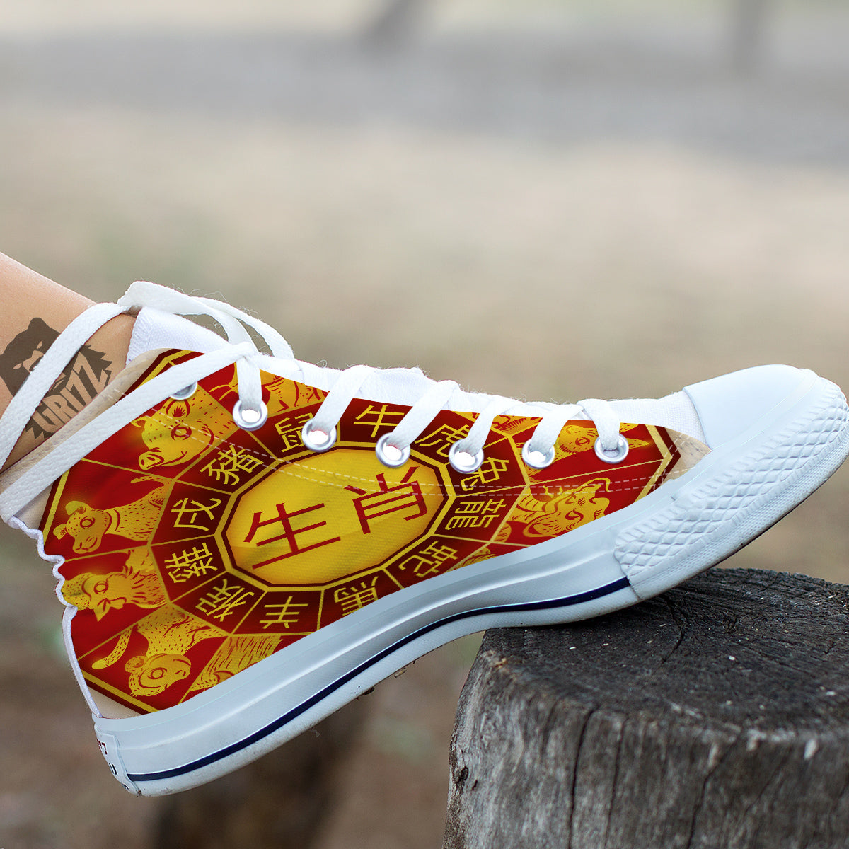 Zodiac Wheel Colourful Chinese Print White High Top Shoes-grizzshop