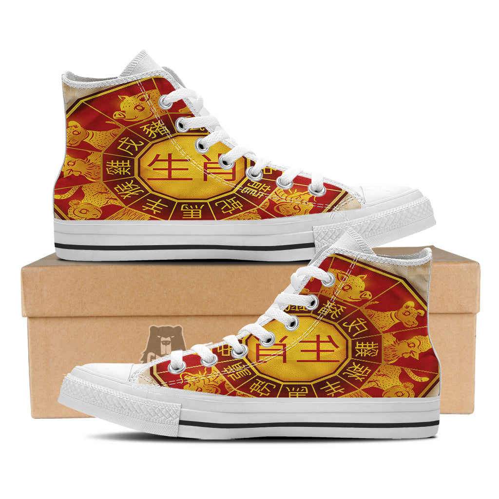 Zodiac Wheel Colourful Chinese Print White High Top Shoes-grizzshop