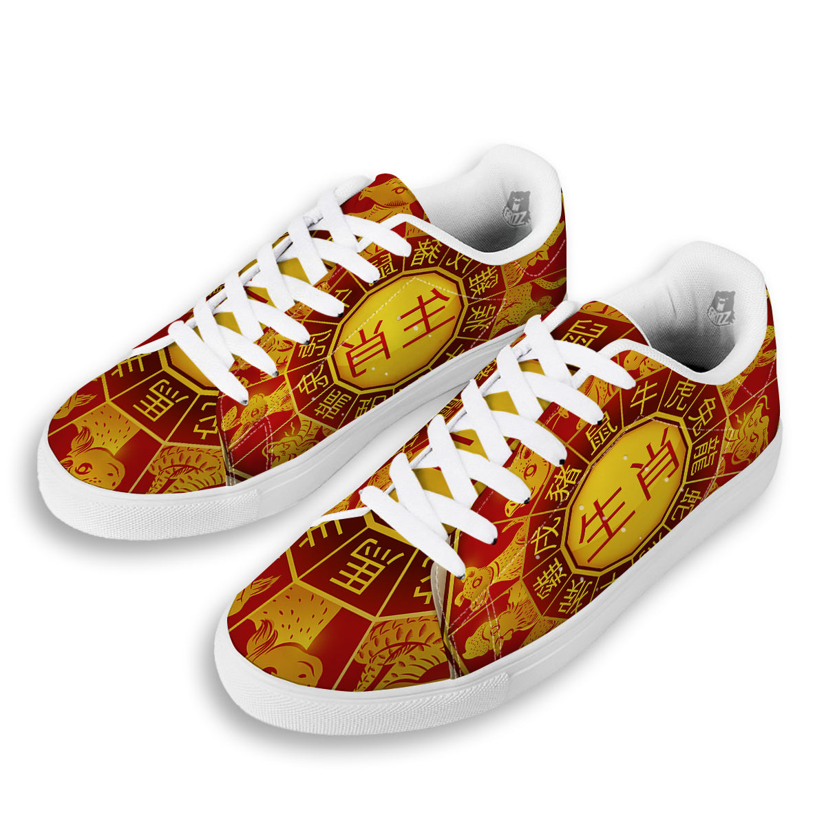 Zodiac Wheel Colourful Chinese Print White Low Top Sneakers-grizzshop