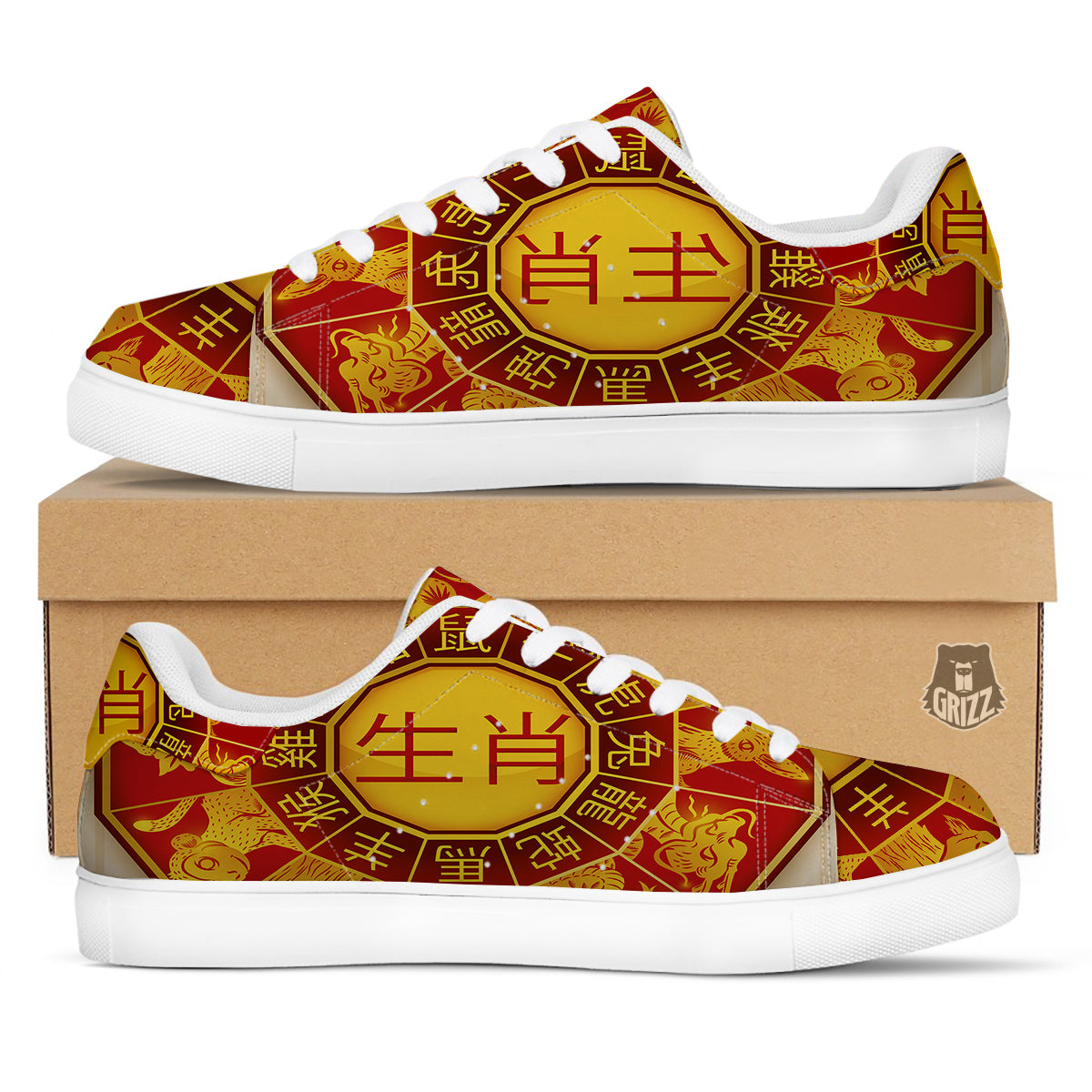 Zodiac Wheel Colourful Chinese Print White Low Top Sneakers-grizzshop