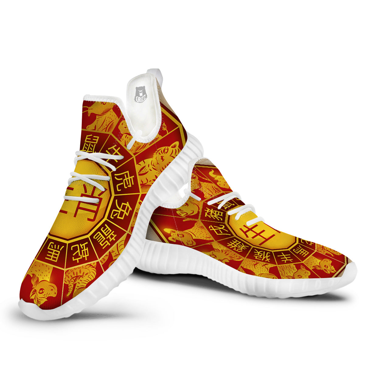 Zodiac Wheel Colourful Chinese Print White Walking Shoes-grizzshop