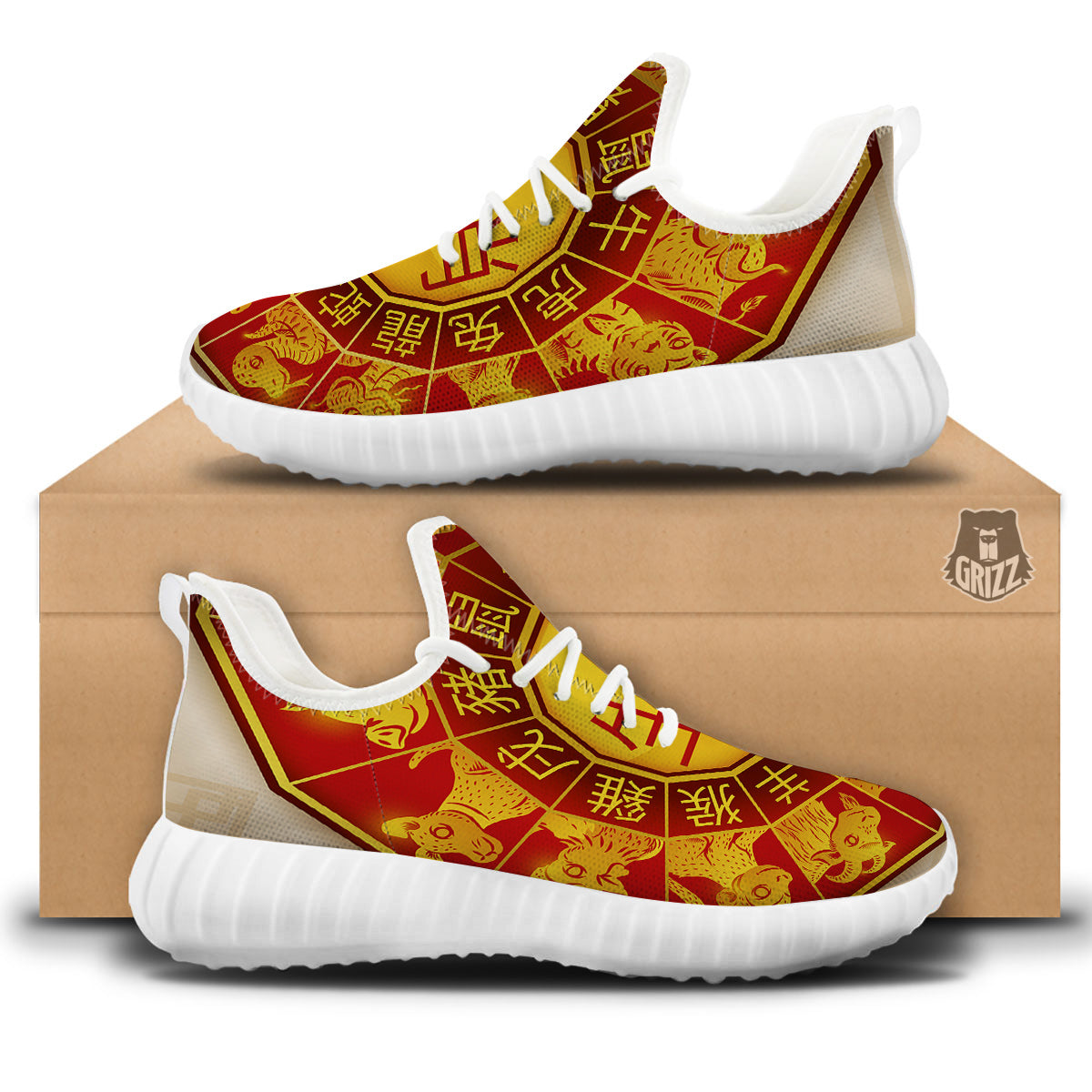 Zodiac Wheel Colourful Chinese Print White Walking Shoes-grizzshop