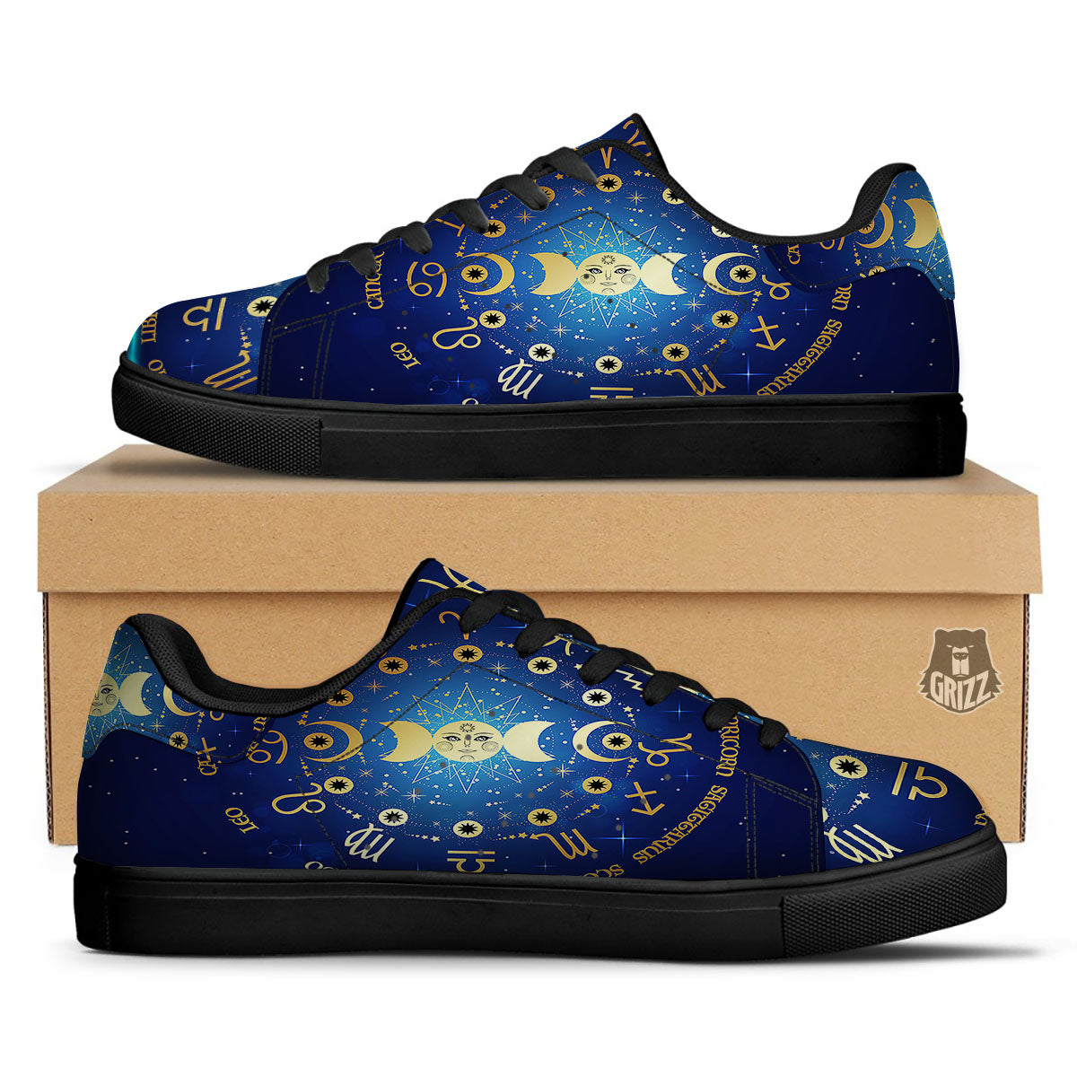Zodiac Wheel Galaxy Print Black Low Top Sneakers-grizzshop