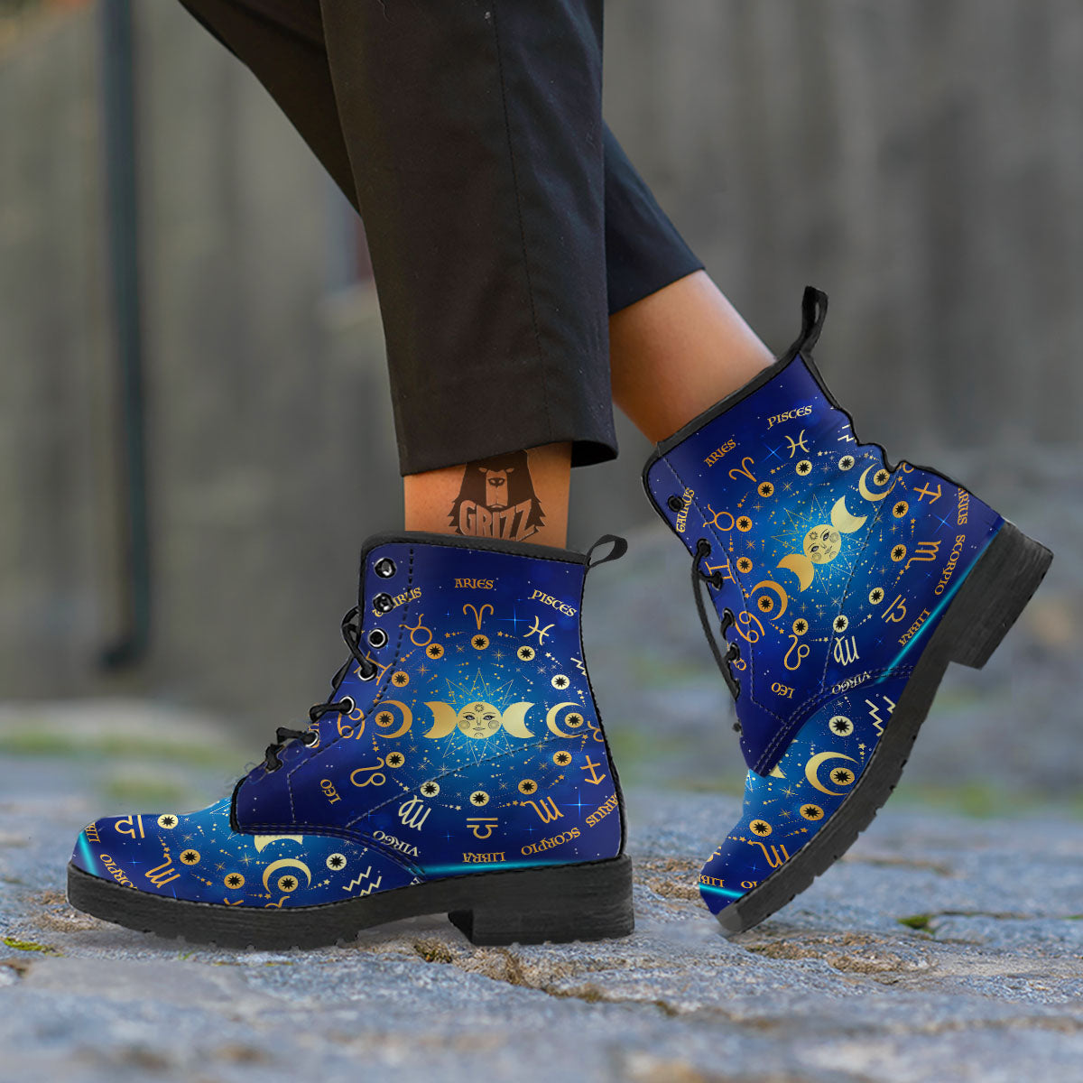 Zodiac Wheel Galaxy Print Leather Boots-grizzshop