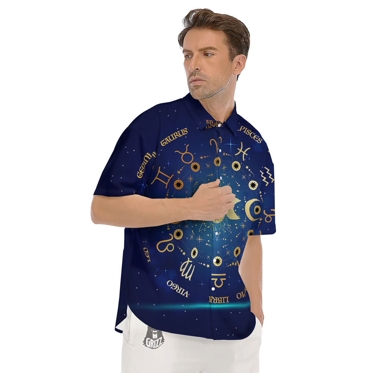 Zodiac Wheel Galaxy Print Men's Short Sleeve Shirts-grizzshop