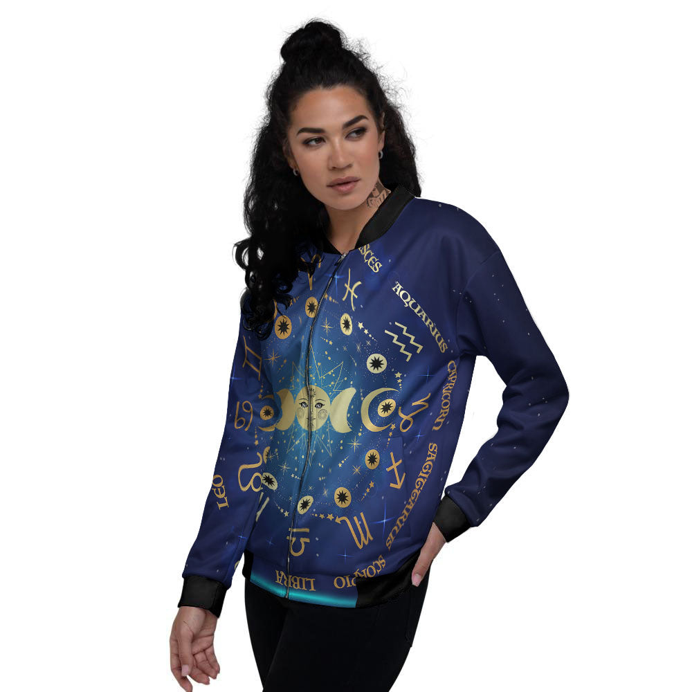 Zodiac Wheel Galaxy Print Women's Bomber Jacket-grizzshop