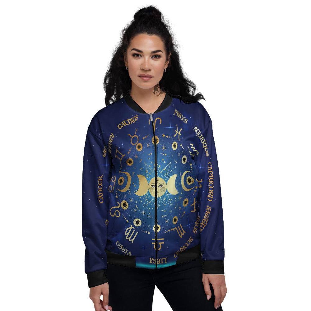 Zodiac Wheel Galaxy Print Women's Bomber Jacket-grizzshop