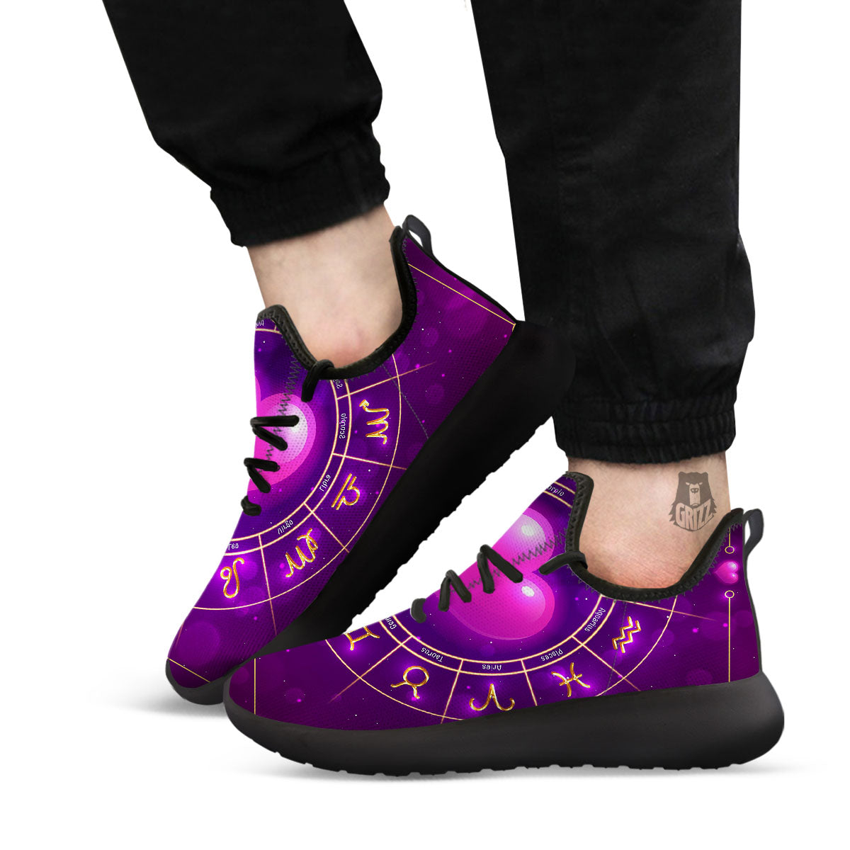 Zodiac Wheel Pink Heart Print Black Athletic Shoes-grizzshop