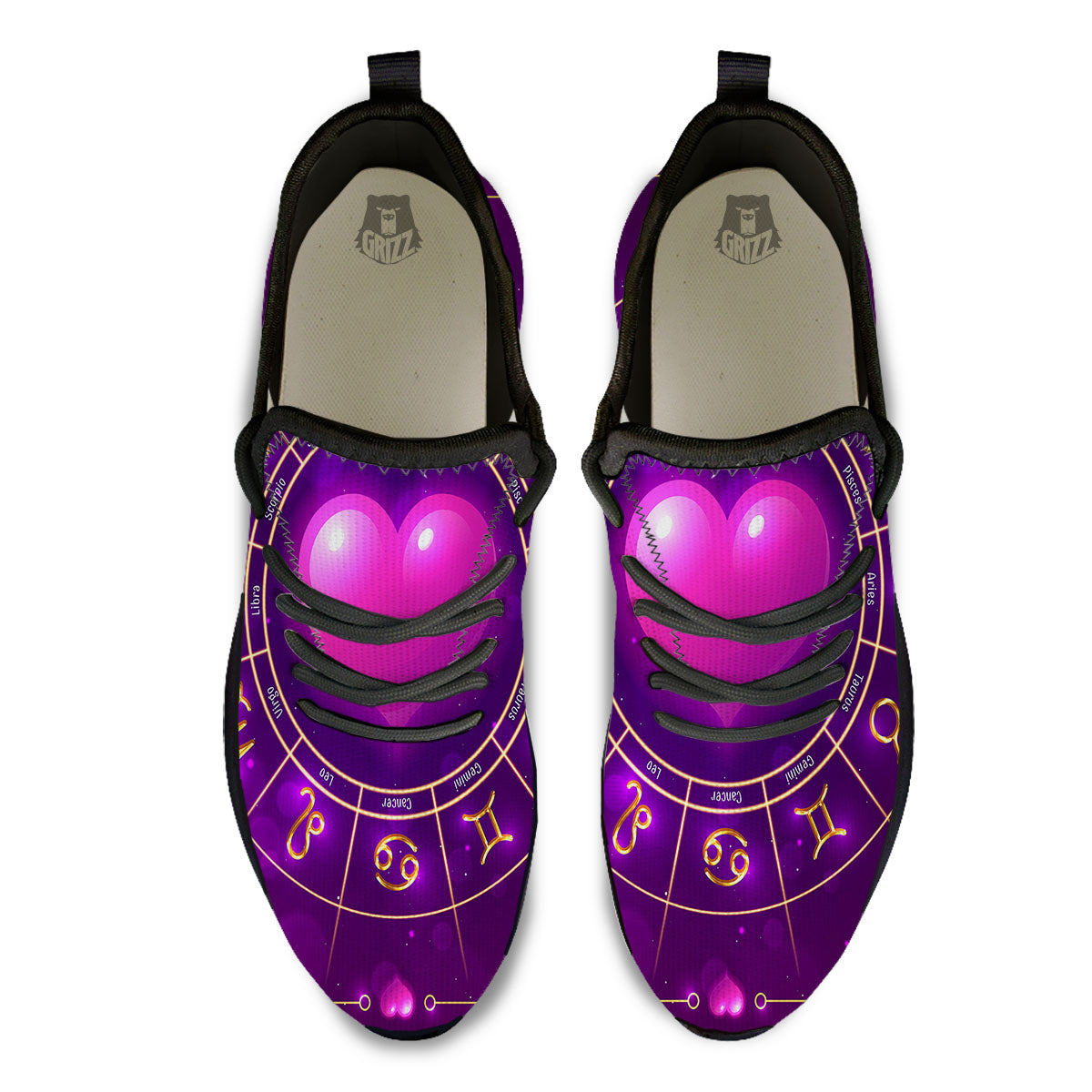 Zodiac Wheel Pink Heart Print Black Athletic Shoes-grizzshop