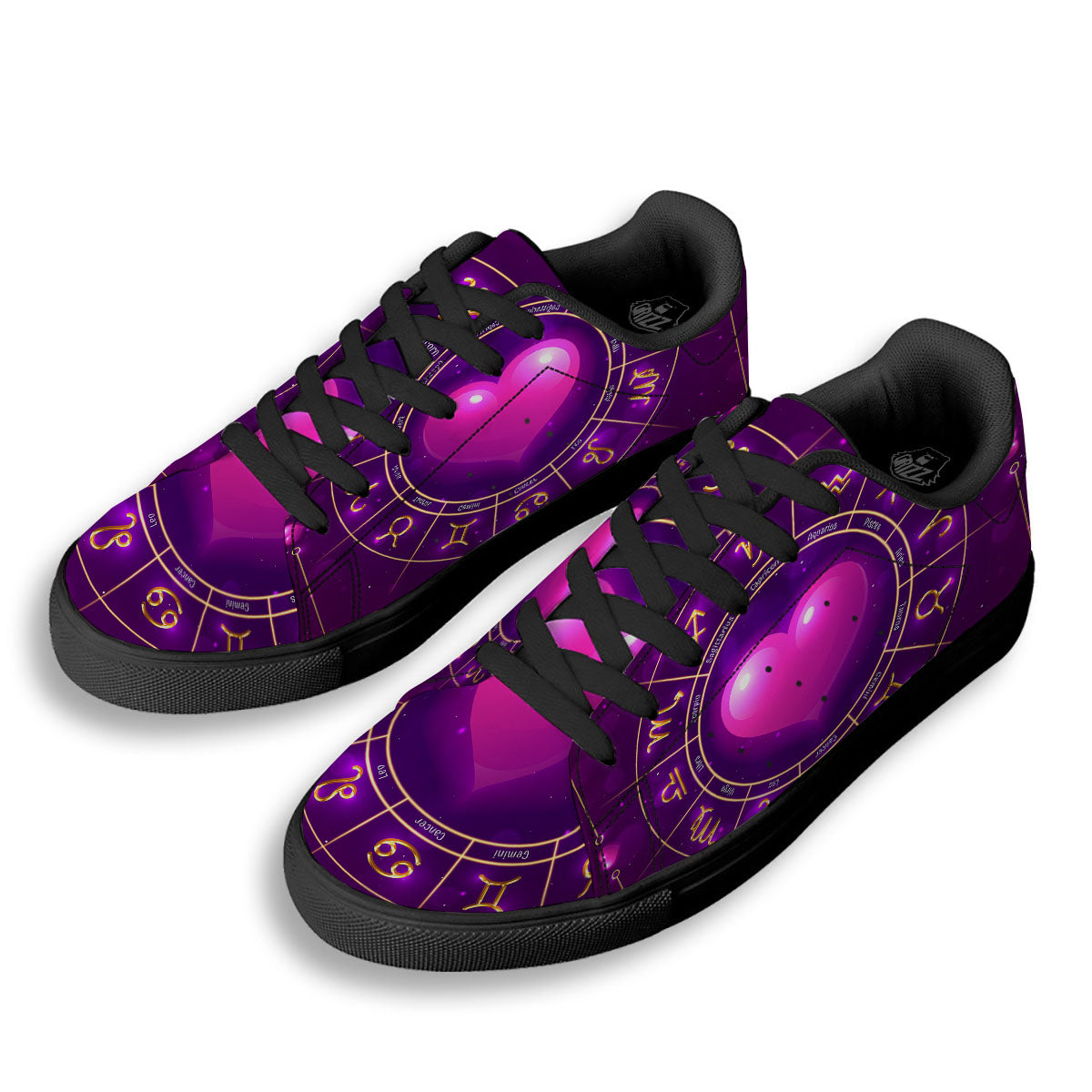 Zodiac Wheel Pink Heart Print Black Low Top Sneakers-grizzshop