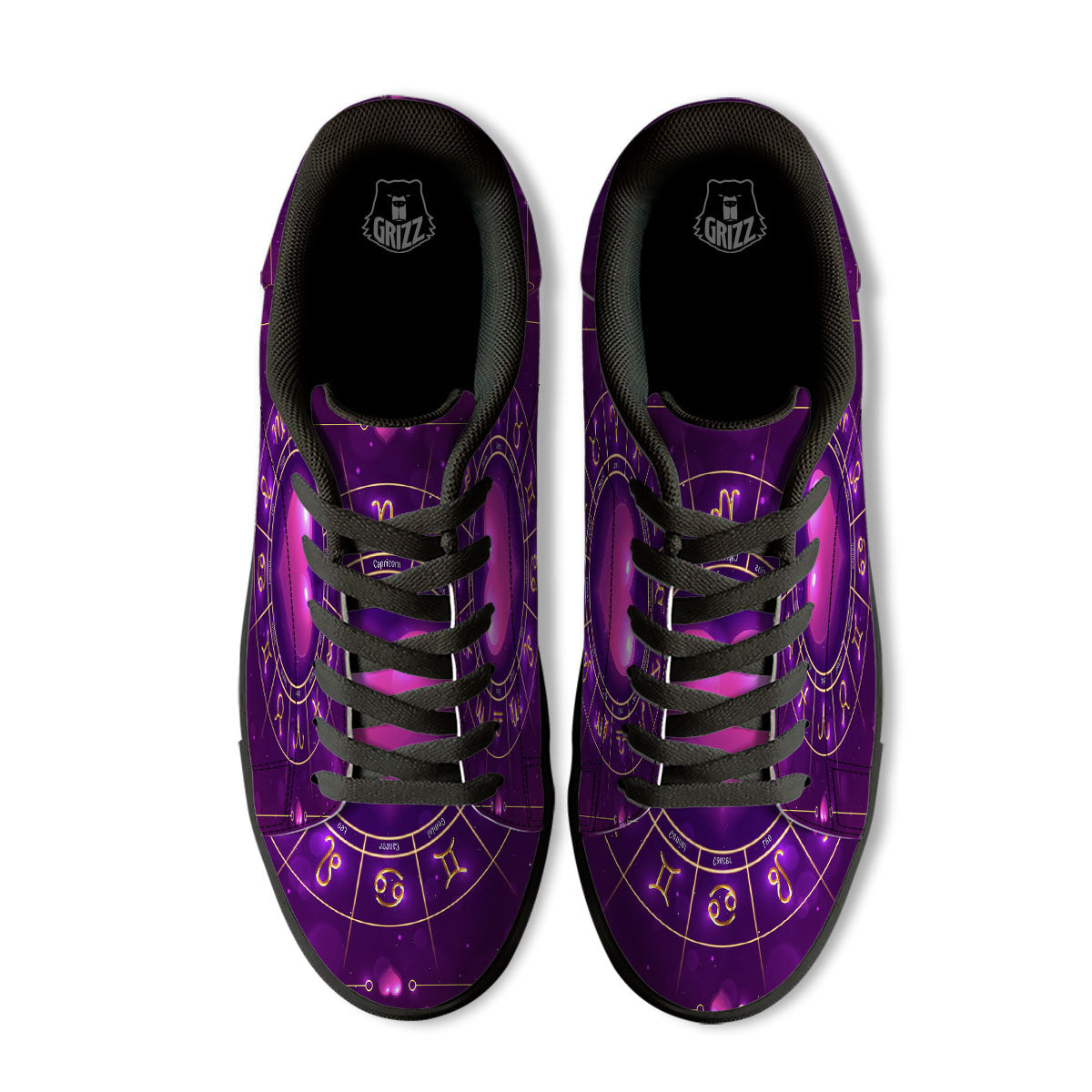 Zodiac Wheel Pink Heart Print Black Low Top Sneakers-grizzshop