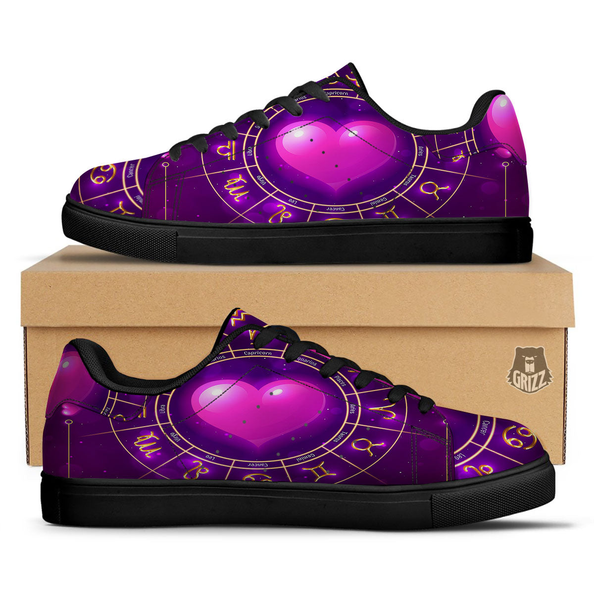Zodiac Wheel Pink Heart Print Black Low Top Sneakers-grizzshop